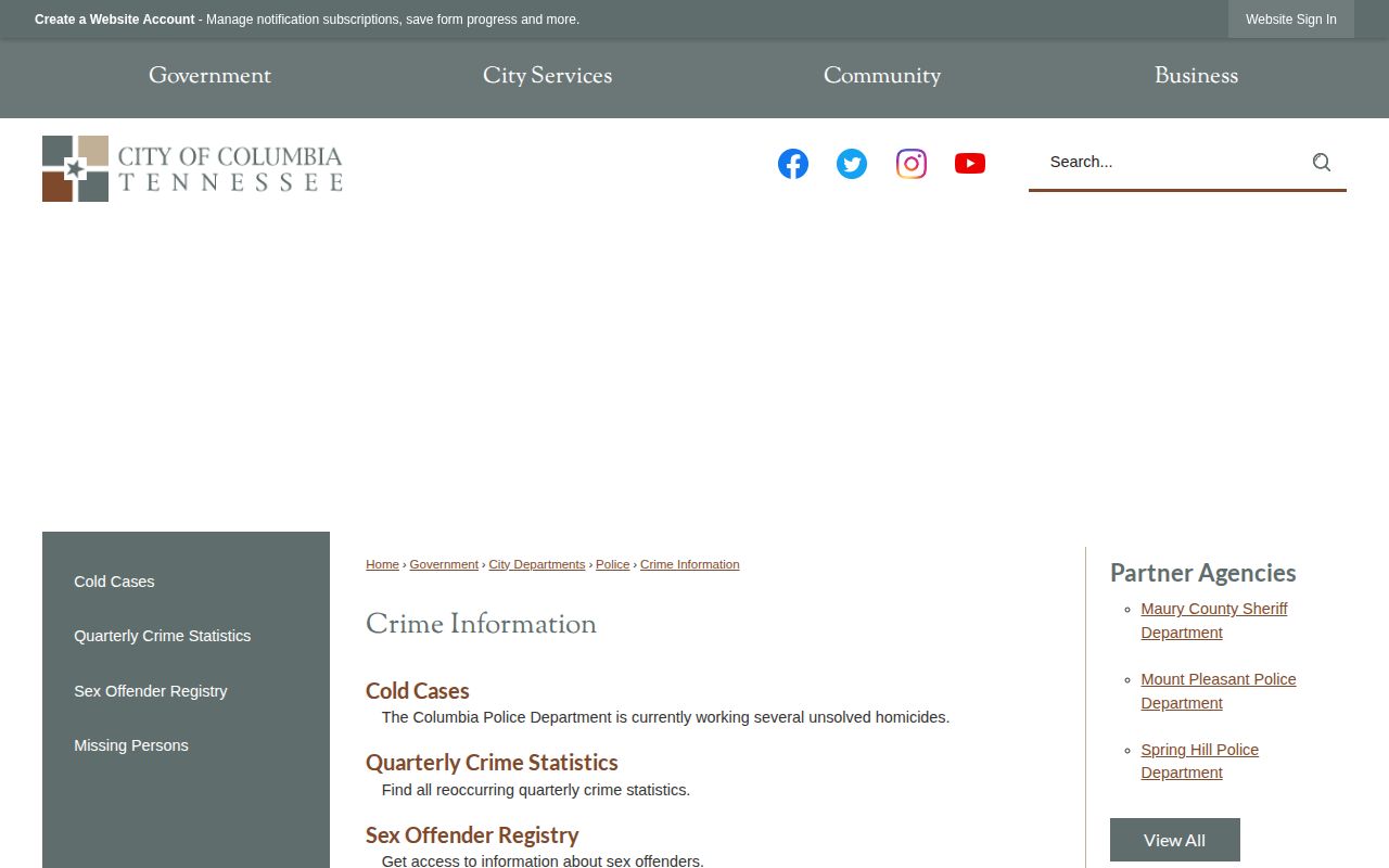 Columbia police crime and arrest-record information page