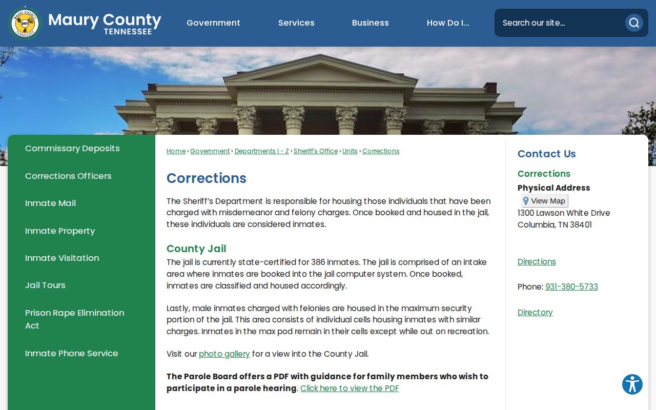 Maury County Jail booking and corrections information