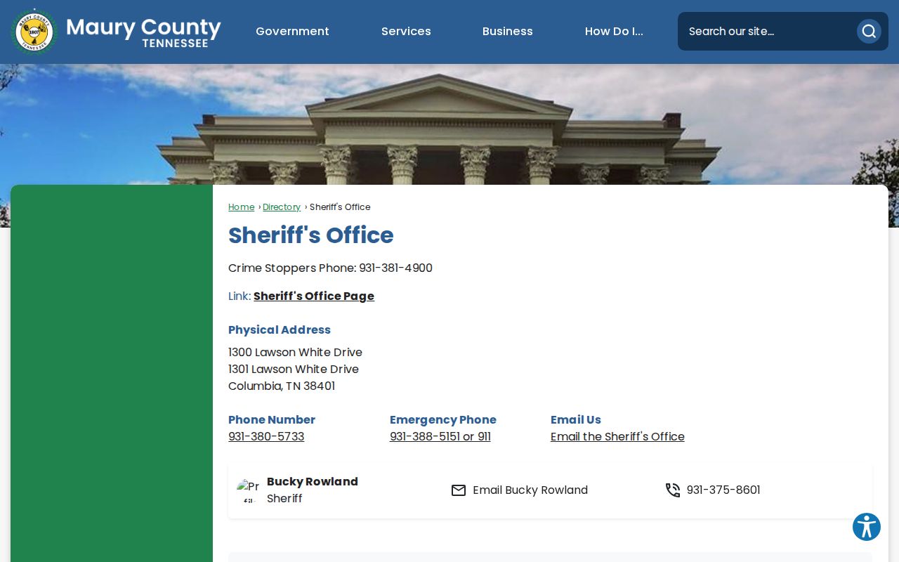 Maury County Sheriff directory warrant-record contacts